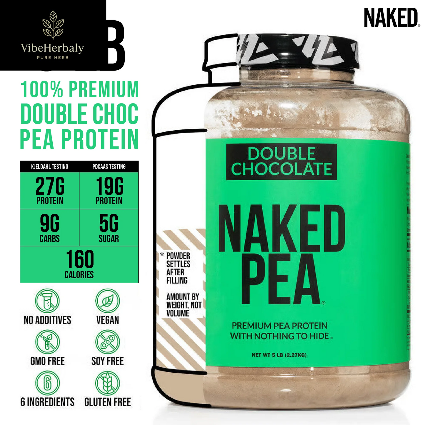 Naked Pea - Double Chocolate Pea Protein, Vegan Protein, Organic Cocoa, Gluten-Free, 5LB