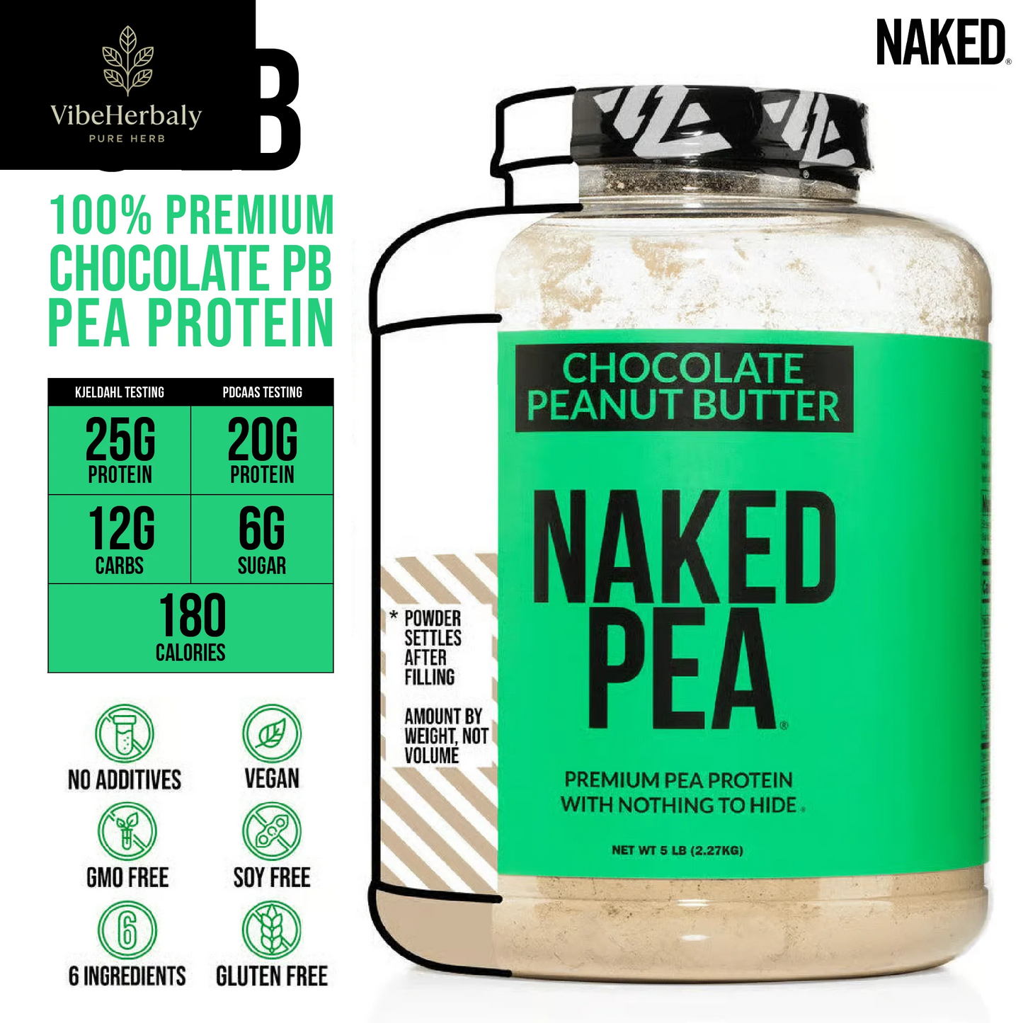 Naked Pea - Chocolate Peanut Butter Pea Protein, Only Six Ingredients, Gluten Free Vegan Protein, 5LB