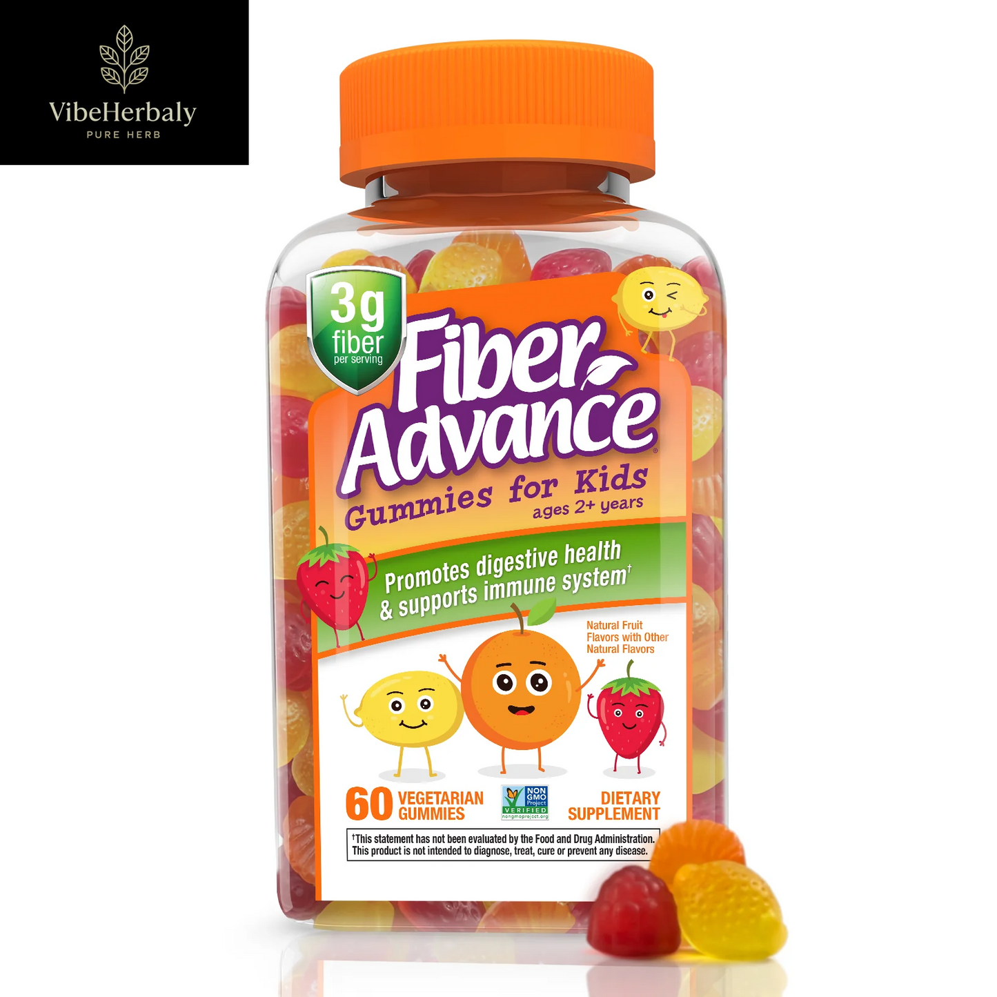 Kids Digestive Health Fiber Supplement Gummies, Natural Fruit, 60 Count