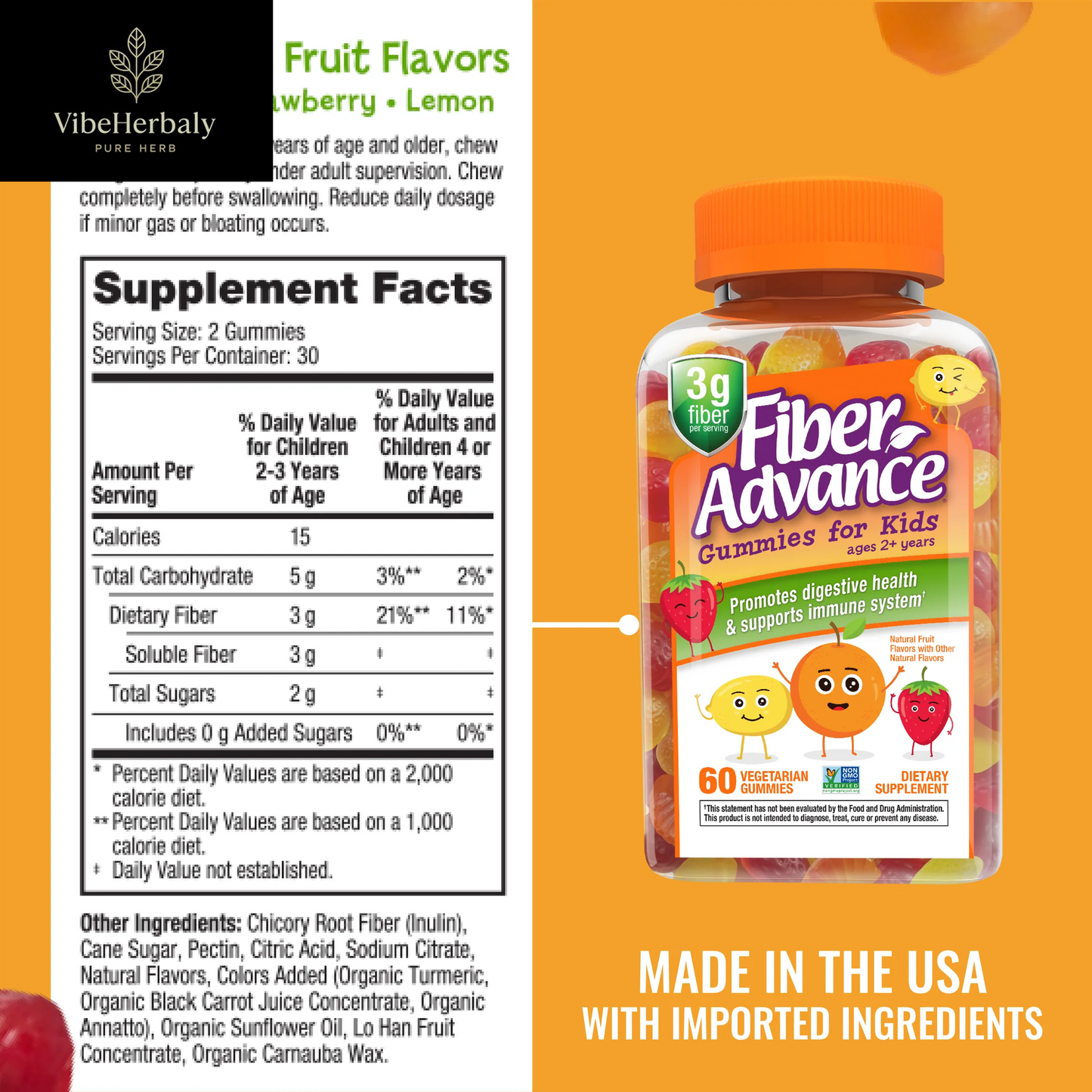 Kids Digestive Health Fiber Supplement Gummies, Natural Fruit, 60 Count