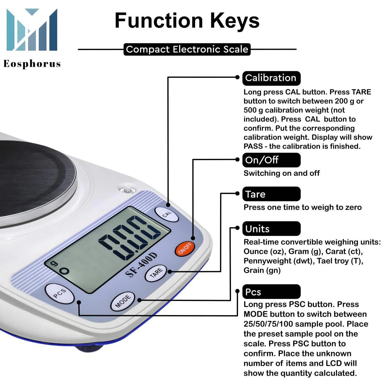 Eosphorus Science Digital Scale Lab Balance Gram Scale 0.01G Accuracy Electronic Scale Laboratory Digital Scale Chemistry Jewelry – Carats, Ounces and Grams Scale (SF 400D R W)