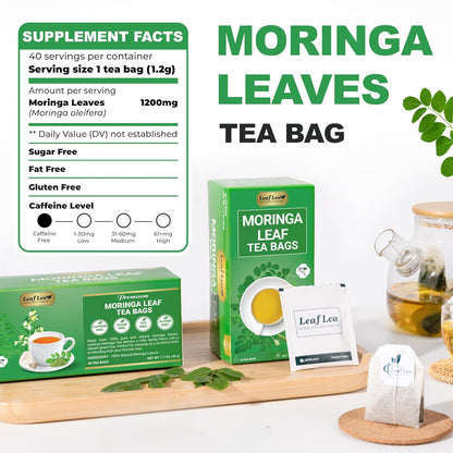 40 Moringa Tea Bags, 100% Natural and Pure Moringa Leaf Herbal Tea, Supports Digestion and Immune Health, Caffeine-Free, Sugar-Free, Vegan