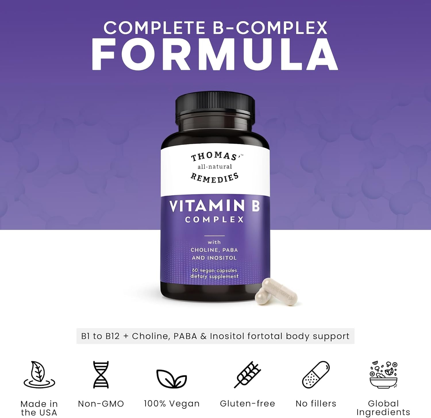 Vitamin B Complex with Choline, PABA & Inositol, Supports Energy Metabolism, Clarity & Nerve Support, Hair Skin Nails Vitamins, Made in USA, 60 Vegan Capsules
