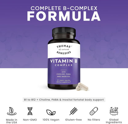 Vitamin B Complex with Choline, PABA & Inositol, Supports Energy Metabolism, Clarity & Nerve Support, Hair Skin Nails Vitamins, Made in USA, 60 Vegan Capsules