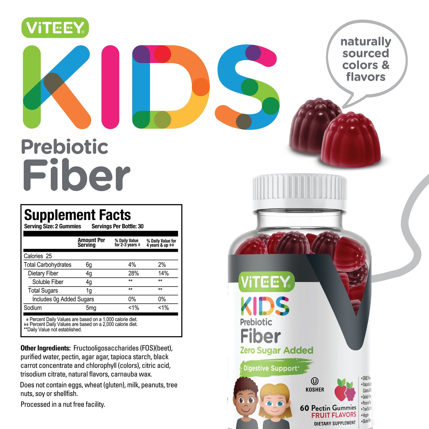 Prebiotic Fiber Gummies for Kids 4G, Digestive Support, Fruit Flavor, 60 Count