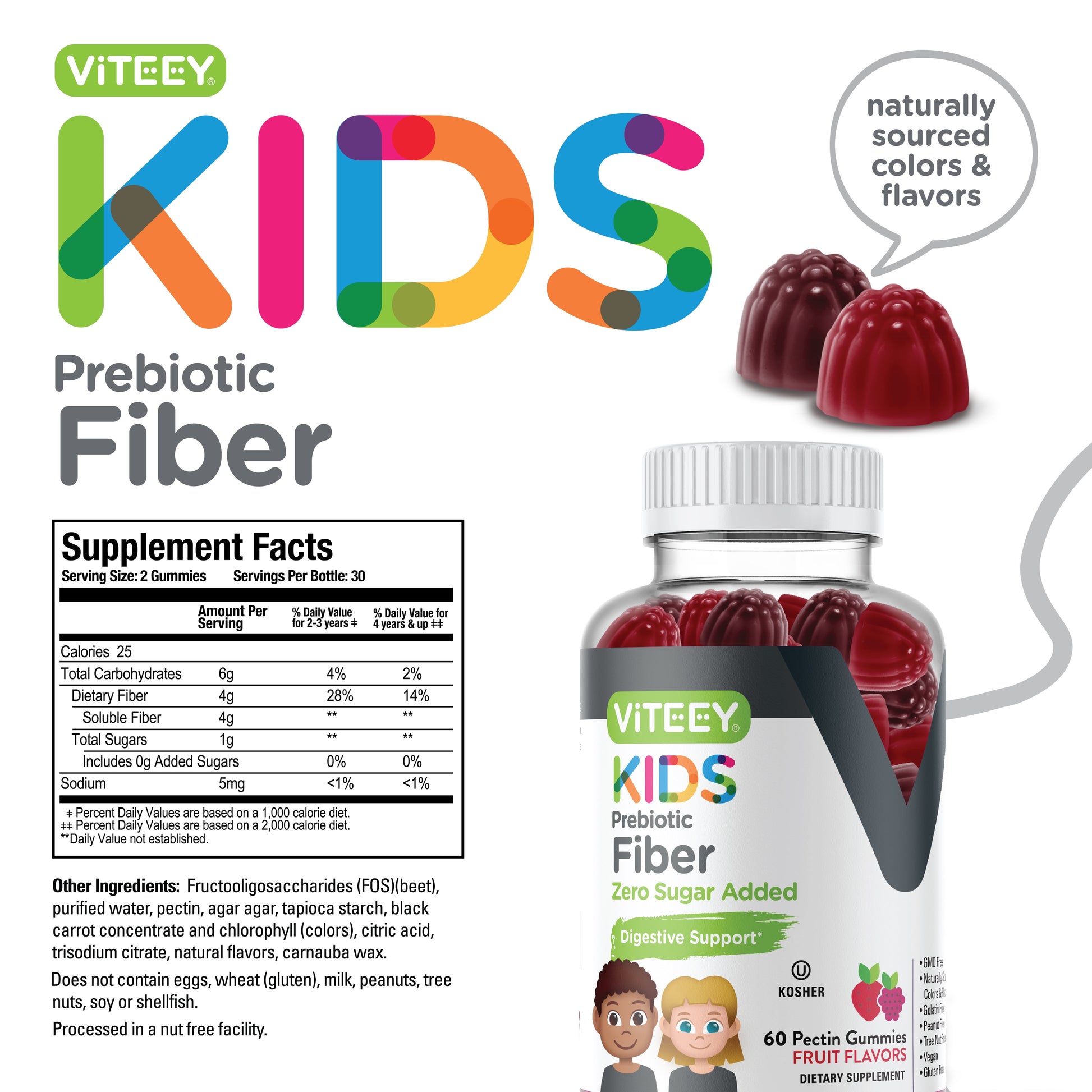 Prebiotic Fiber Gummies for Kids 4G, Digestive Support, Fruit Flavor, 60 Count