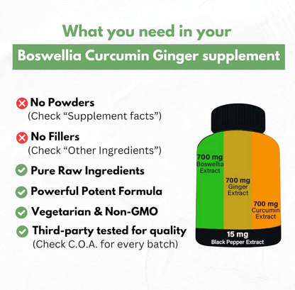 Boswellia Curcumin Ginger Extracts Supplement – Strong 95% Curcuminoids Natural
