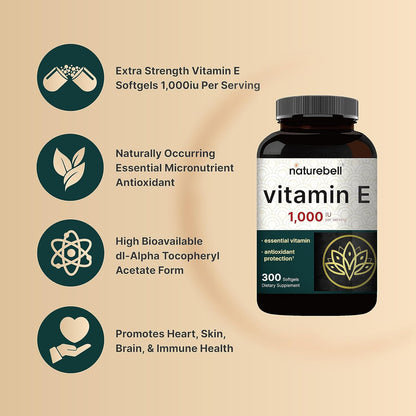 Vitamin E Oil Softgels, 1,000 IU per Serving, 300 Pills | Essential Antioxidant Supplements, Easily Absorbed Form – Supports Skin, Heart, & Immune Health – Non-Gmo