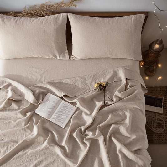 100% Linen Sheet Set 19" Deep Pocket King Size,Bed Sheets 4 Piece Sets,Solid Color Natural Flax Bed Sheets Soft Breathable Bedding, All Season (King, Linen)