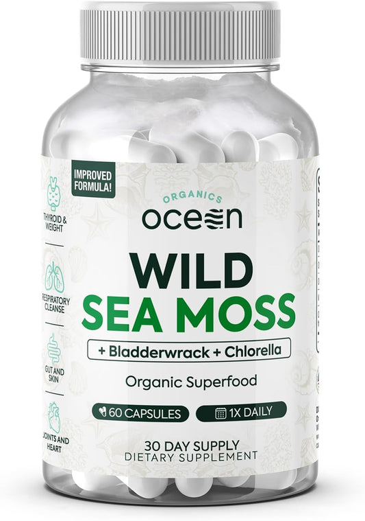 Wild Sea Moss Capsules - 100% Organic Irish Sea Moss with Organic Chlorella, Bladderwrack and Vitamin D for Energy, Lung Health and Thyroid Support for Women and Men - 60 Capsules