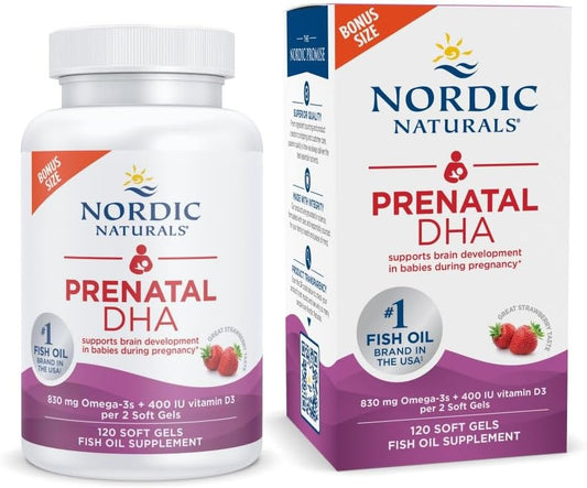 Prenatal DHA, Strawberry - 120 Soft Gels - 830 Mg Omega-3 + 400 IU Vitamin D3 - Supports Brain Development in Babies during Pregnancy & Lactation - Non-Gmo - 60 Servings