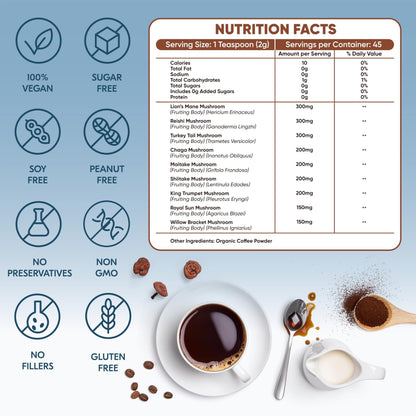 Instant Mushroom Coffee – 45 Servings Arabica Coffee with 9 in 1 Adaptogenic Mushroom Powder Blend: Lion’S Mane Turkey Tail Reishi & More Energy Boost anti Stress Immune Support Low Caffeine No Added Sugars