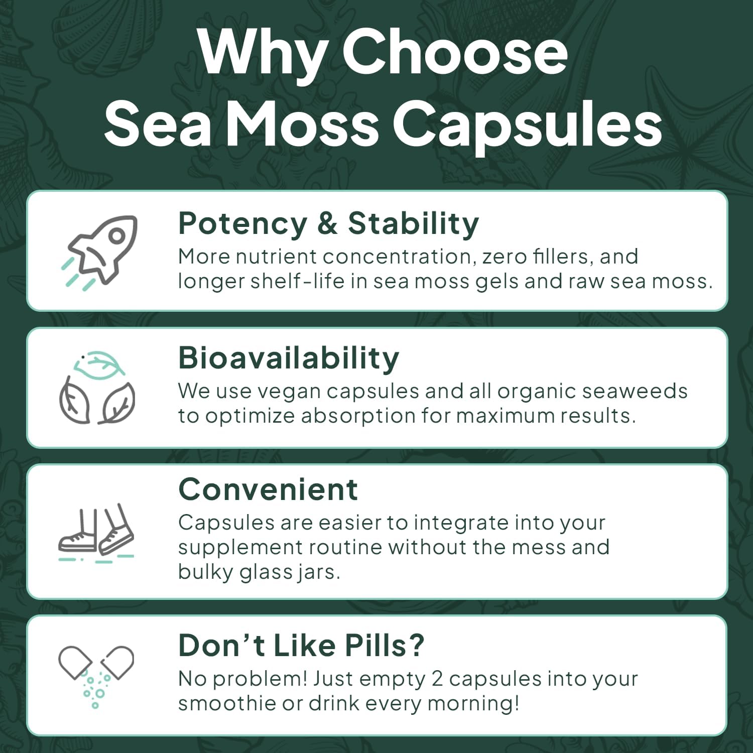 Wild Sea Moss Capsules - 100% Organic Irish Sea Moss with Organic Chlorella, Bladderwrack and Vitamin D for Energy, Lung Health and Thyroid Support for Women and Men - 60 Capsules