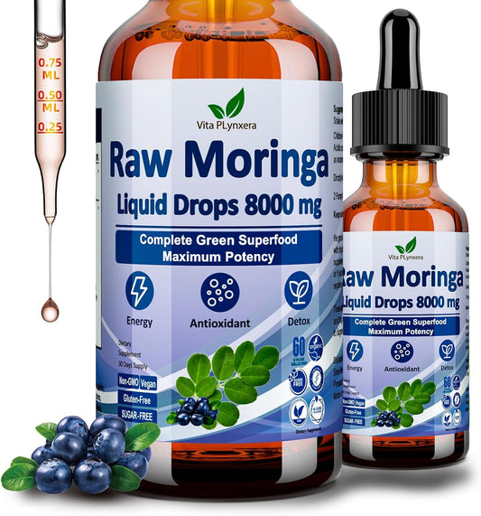Raw Moringa Liquid Drops 8000 Mg, Organic Moringa Oleifera Leaf Extract W. Supergreens Blend of Wheatgrass, Barley Grass for Antioxidant, Energy & Immune, High Potency than Capsules Powder