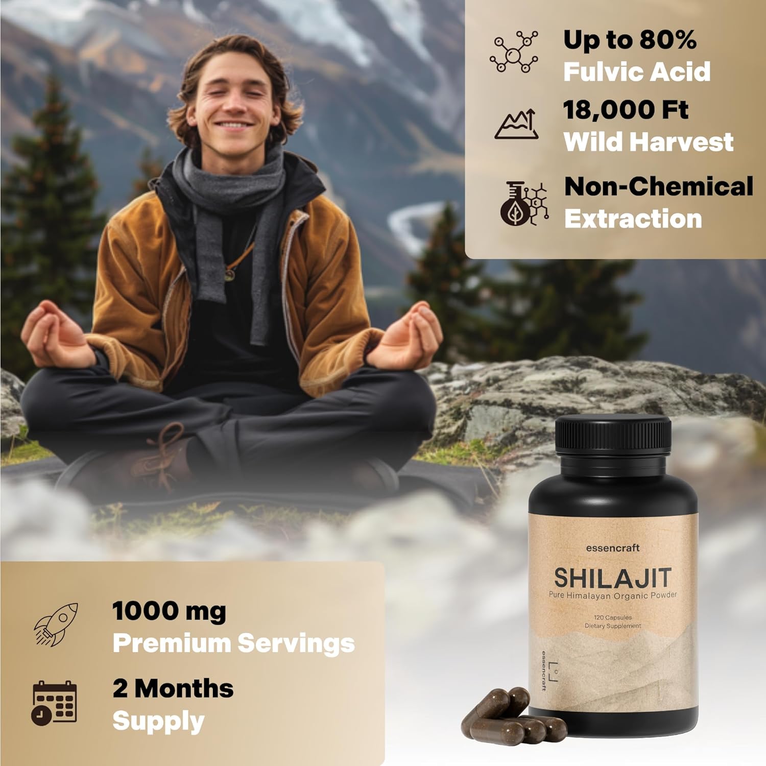 Organic Himalayan Shilajit Resin Extract - 1000Mg Max Potency, Lab Tested Pure Shilajit for Men & Women, 85+ Trace Minerals Fulvic Acid, Immune Support, Energy, Cognition, 2 Month Supply, 120 Capsules
