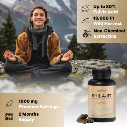 Organic Himalayan Shilajit Resin Extract - 1000Mg Max Potency, Lab Tested Pure Shilajit for Men & Women, 85+ Trace Minerals Fulvic Acid, Immune Support, Energy, Cognition, 2 Month Supply, 120 Capsules