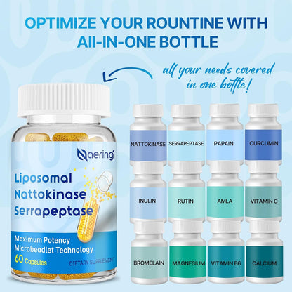 Liposomal Nattokinase 12,000 FU Serrapeptase 360,000 SPU Enzyme Supplement - Enriched with Synergistic Enzymes and Nutrient Blend & Inulin for Circulatory, Gut, Digestion 60 Capsules (1 Bottle)