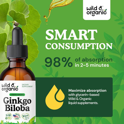 Ginkgo Biloba Tincture - Brain & Focus Support with Ginkgo Leaf Supplement - Vegan, Sugar & Alcohol-Free Herbal Extract Tincture - 2 Fl Oz