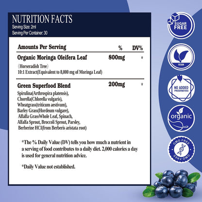 Raw Moringa Liquid Drops 8000 Mg, Organic Moringa Oleifera Leaf Extract W. Supergreens Blend of Wheatgrass, Barley Grass for Antioxidant, Energy & Immune, High Potency than Capsules Powder