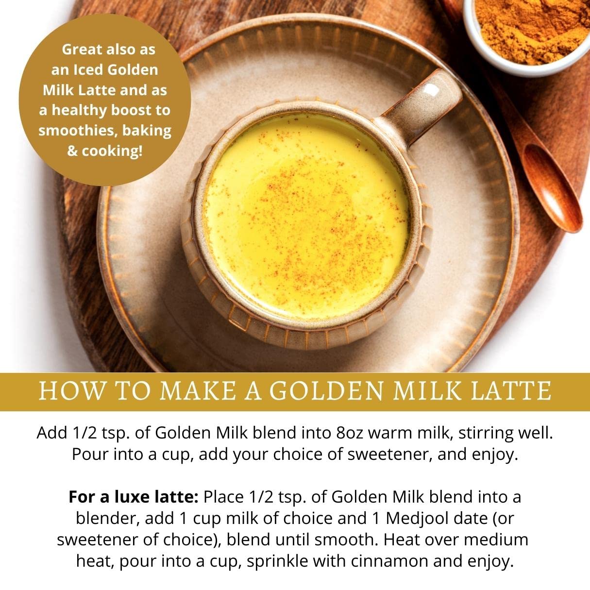 Organic Golden Milk Powder with Turmeric, Ginger, Ceylon Cinnamon | Ayurvedic Spices for Golden Turmeric Latte | Unsweetened, Vegan, Non-Gmo, Keto | 120 Servings, 5 Oz.