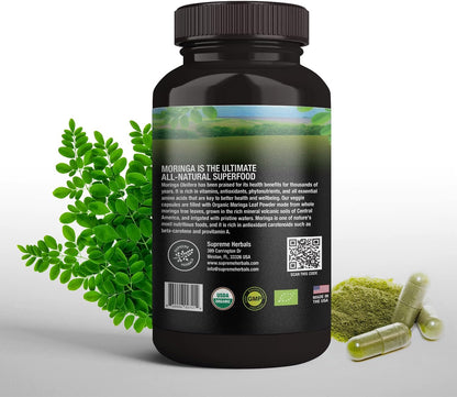 100% Raw and Pure Moringa Leaf Powder Capsules. Organic Certified Moringa Leaf. Natural Superfood with Essential Amino Acids, Antioxidants and Omega 3, 500Mg, 120 Capsules.
