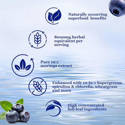 Raw Moringa Liquid Drops 8000 Mg, Organic Moringa Oleifera Leaf Extract W. Supergreens Blend of Wheatgrass, Barley Grass for Antioxidant, Energy & Immune, High Potency than Capsules Powder