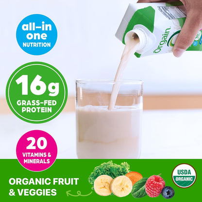 Organic Nutritional Protein Shake, Vanilla Bean - 16G Grass Fed Whey Protein, Meal Replacement, 20 Vitamins & Minerals, Fruits & Vegetables, Gluten Free, Non-Gmo, 11 Fl Oz (12 Pack)