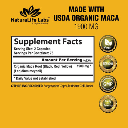 Organic Maca Root – Black, Red & Yellow – 1900 Mg per Serving – 150 Vegan Capsules – Gelatinized Peruvian Maca – Non-Gmo – Libido & Energy Support for Men and Women
