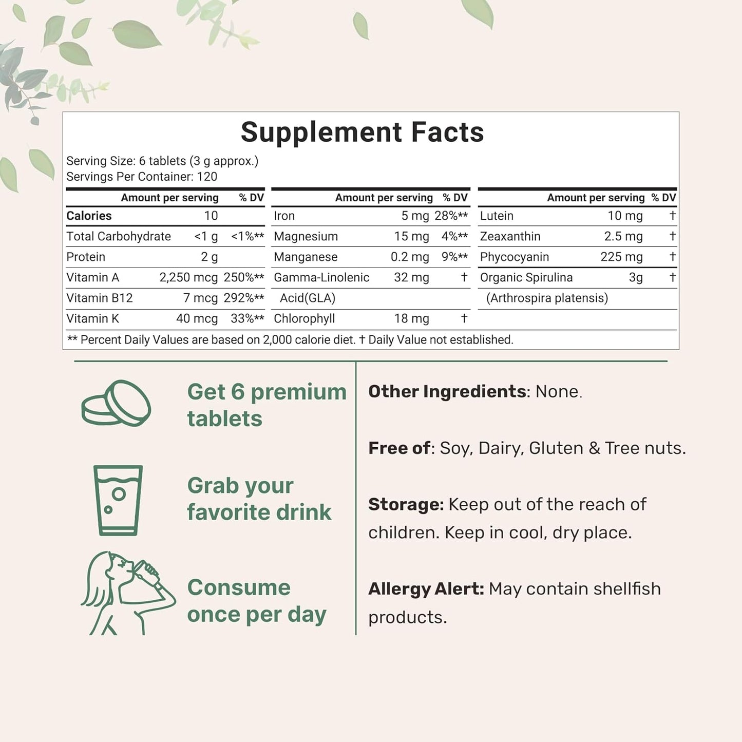 Organic Spirulina Supplement, 3000MG per Serving, 720 Tablets (4 Month Supply), No Filler & Non-Gmo, Rich in Vegan Protein, Vitamins & Prebiotics, Premium Spirulina Pills