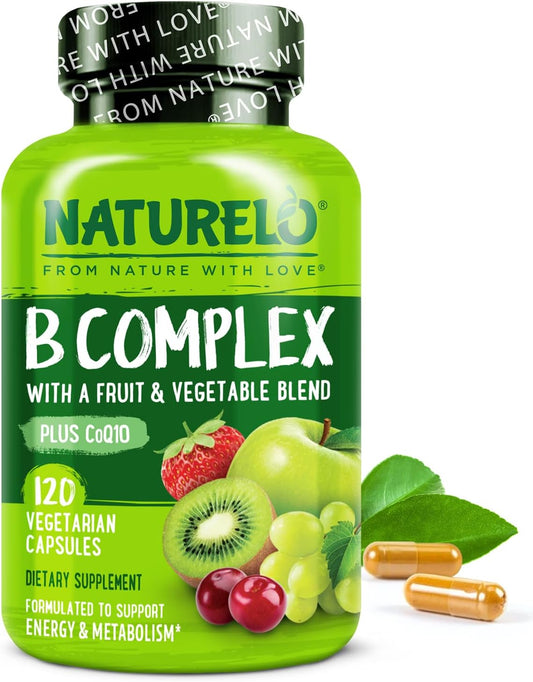 Vitamin B Complex with Methyl B12, Methyl Folate, Vitamin B6, Biotin plus Choline, Coq10, and Fruit & Vegetable Blend - Supports Energy & Healthy Stress Response - Vegan - 120 Capsules