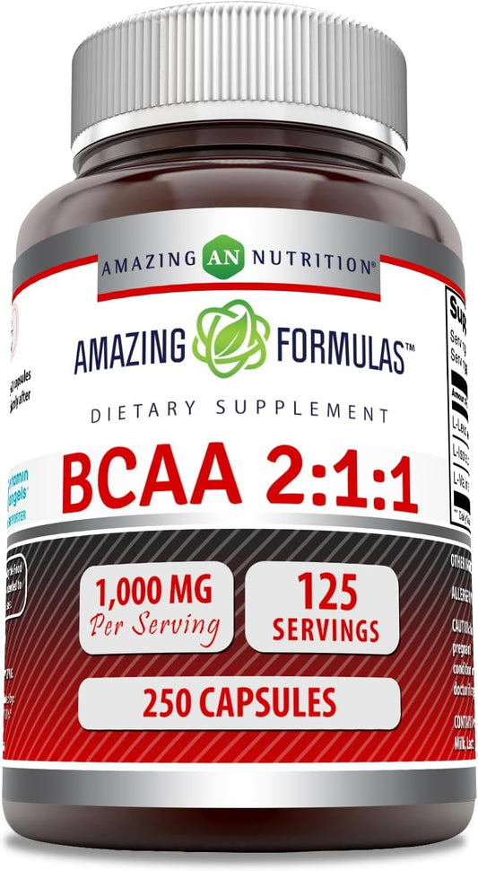 Amazing Formulas BCAA 2:1:1 1000 Mg per Serving | Capsules | Branched Chain Amino Acids Supplement | Non-Gmo | Gluten-Free | Made in USA (1 Pack, 250 Count)