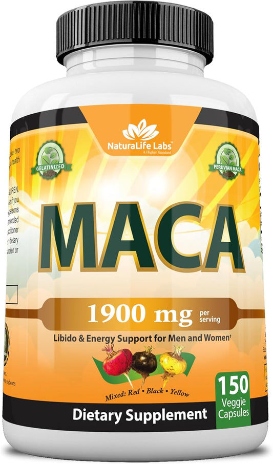 Organic Maca Root – Black, Red & Yellow – 1900 Mg per Serving – 150 Vegan Capsules – Gelatinized Peruvian Maca – Non-Gmo – Libido & Energy Support for Men and Women