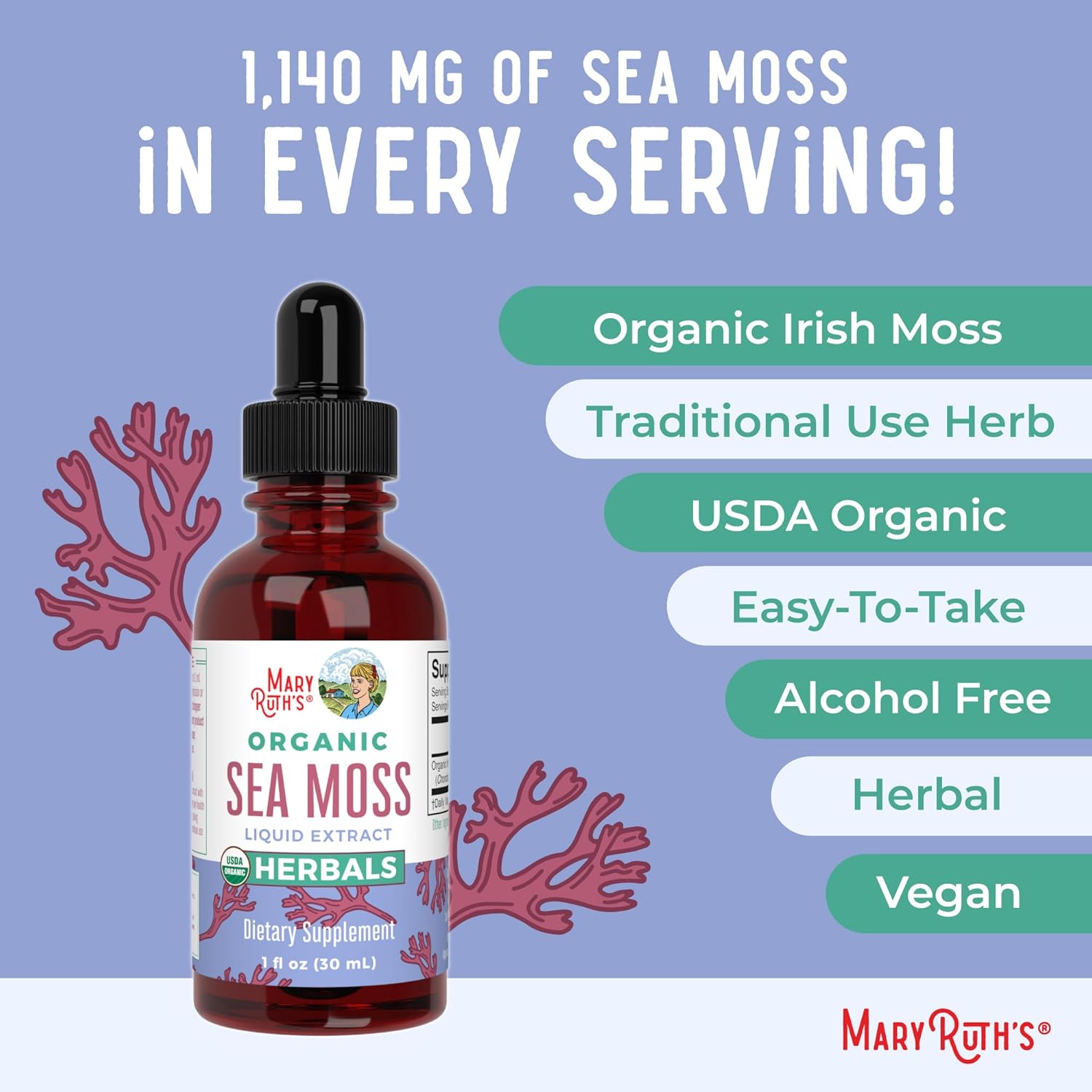 USDA Irish Sea Moss Liquid Drops | Organic Irish Moss | Chondrus Crispus | Formulated for Adults & Kids Ages 14+ | Unflavored | Sugar Free | Vegan | Non-Gmo | 1 Fl Oz