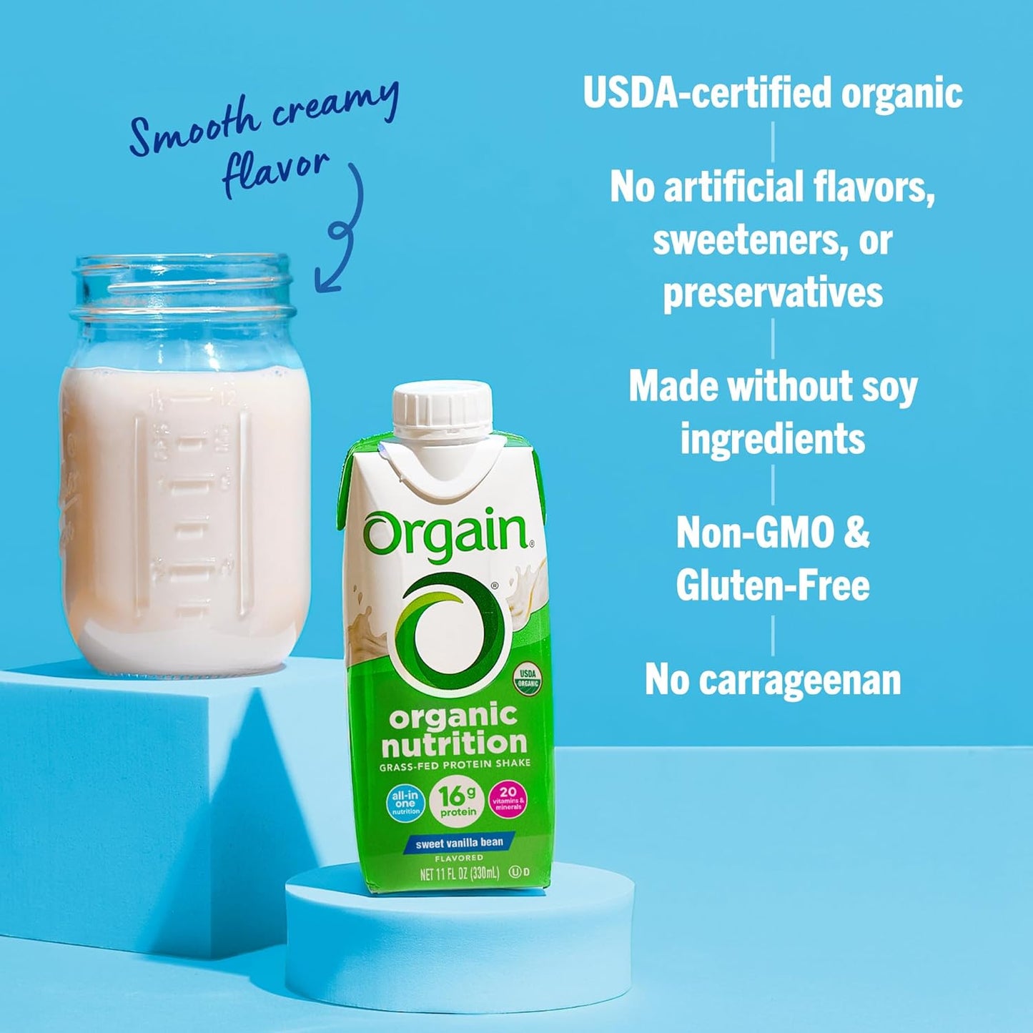 Organic Nutritional Protein Shake, Vanilla Bean - 16G Grass Fed Whey Protein, Meal Replacement, 20 Vitamins & Minerals, Fruits & Vegetables, Gluten Free, Non-Gmo, 11 Fl Oz (12 Pack)