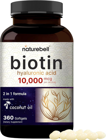 Biotin 10000Mcg + Hyaluronic Acid 25Mg | 360 Coconut Oil Softgels, Premium Biotin Vitamins for Hair Skin and Nails, Highly Purified and Bioavailable, Quick Release