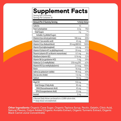 Kids Multivitamin Gummies - Improved Formula: Omega 3 (DHA/EPA), Vitamins D3, C, B12, B6, Vitamin A, K & Zinc, Gluten Free, Three Fruit Flavors, 60 Count (30 Day Supply)