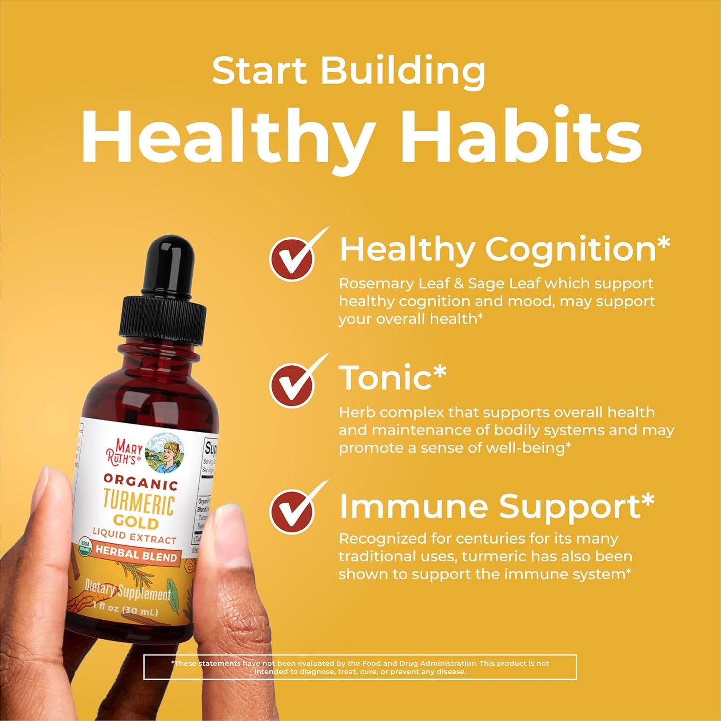 USDA Turmeric Gold Liquid Drops | Herbal Blend | Turmeric Curcumin | Black Pepper | Cassia Cinnamon Bark | Ginger Root | Immune Support | Non-Gmo Project Verified | Vegan | 1Oz
