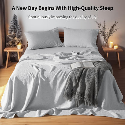 100% Linen Sheet Set 19" Deep Pocket Full Size,Bed Sheets 4 Piece Sets,Solid Color Natural Flax Bed Sheets Soft Breathable Bedding, All Season (Full, Grey)