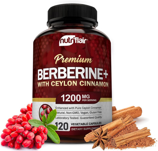 Premium Berberine HCL 1200Mg, 120 Capsules - plus Pure True Ceylon Cinnamon, Berberine HCI Root Supplements Pills - Immune System - Yields an Optimal 8% Hcl