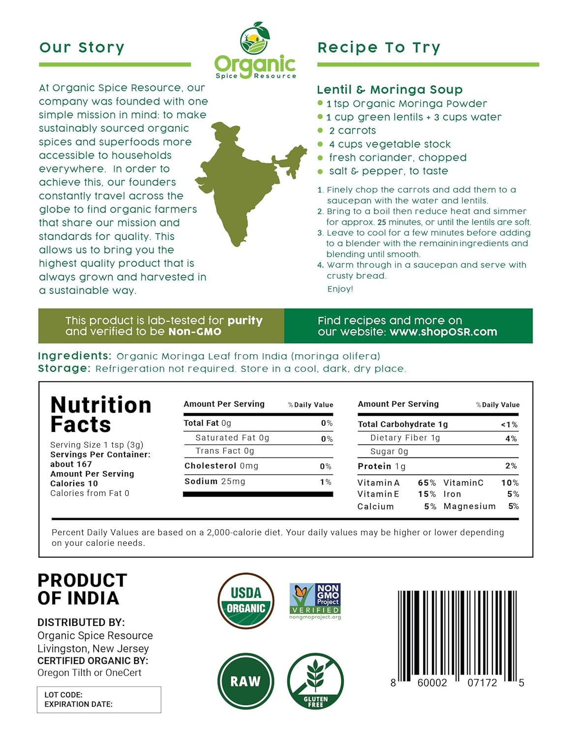 Organic Moringa Powder - 1.10 Lbs (17.64 Oz) | USDA Organics, Non-Gmo, Kosher, Halal, Moringa Olifera Powder - 100% Raw and Natural, by SHOPOSR