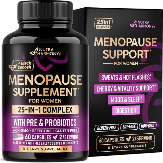 Menopause Supplements for Women - Dong Quai, Black Cohosh, Pre & Probiotics - Sweats & Hot Flashes Relief - Digestion, Sleep & Mood Support - 25-In-1 Perimenopause Complex - Made in USA - 60 Capsules