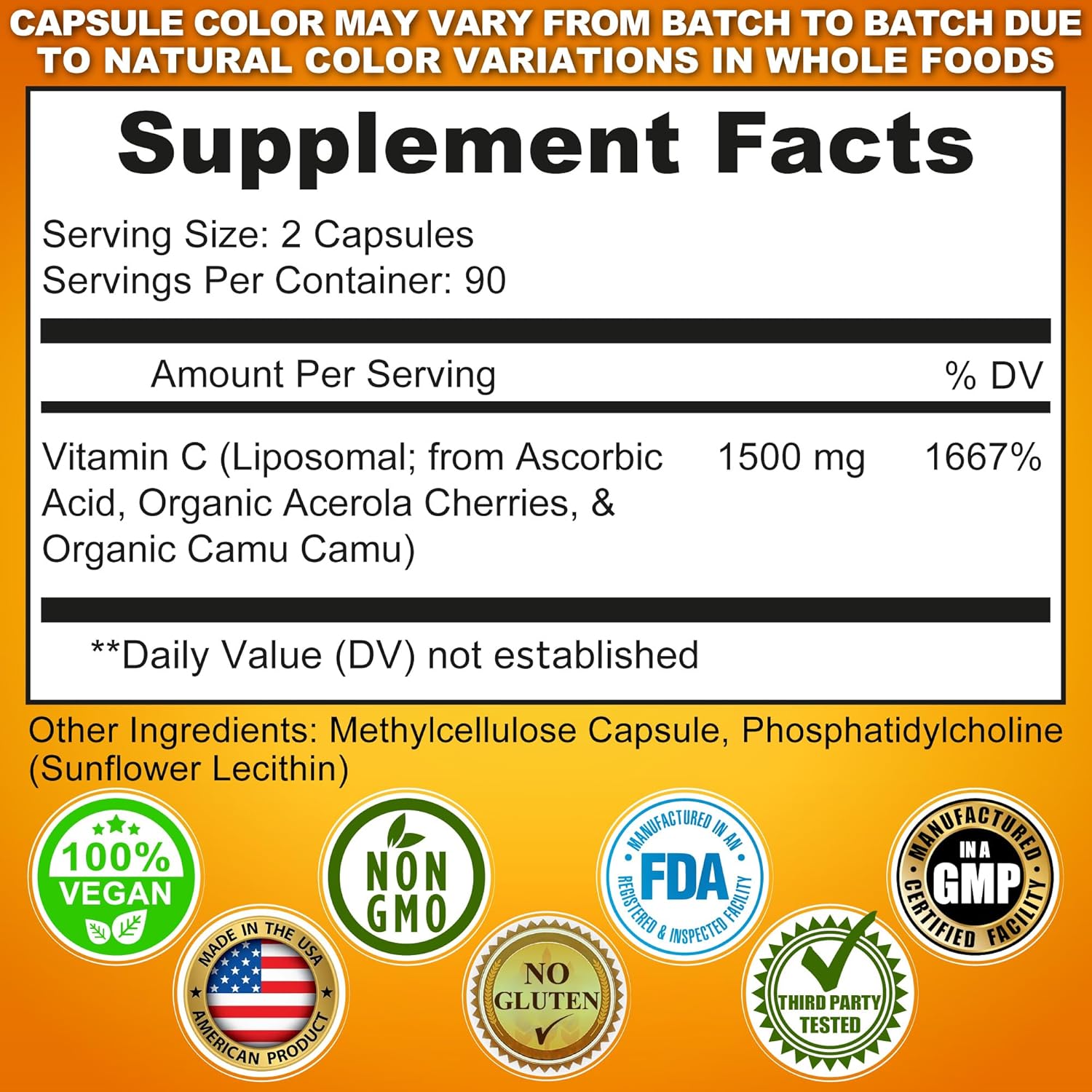 Liposomal Vitamin C Capsules - 1500Mg - Made with Organic Acerola Cherries & Camu Camu, High Potency Vitamin C Liposomal - Immune Support Supplement, Enhanced Absorption & Bioavailability - 180 Count