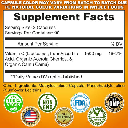 Liposomal Vitamin C Capsules - 1500Mg - Made with Organic Acerola Cherries & Camu Camu, High Potency Vitamin C Liposomal - Immune Support Supplement, Enhanced Absorption & Bioavailability - 180 Count