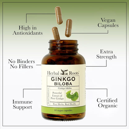 Organic Ginkgo Biloba Made with Pure Organic Ginkgo Leaf and Extract - 60 Vegan Capsules