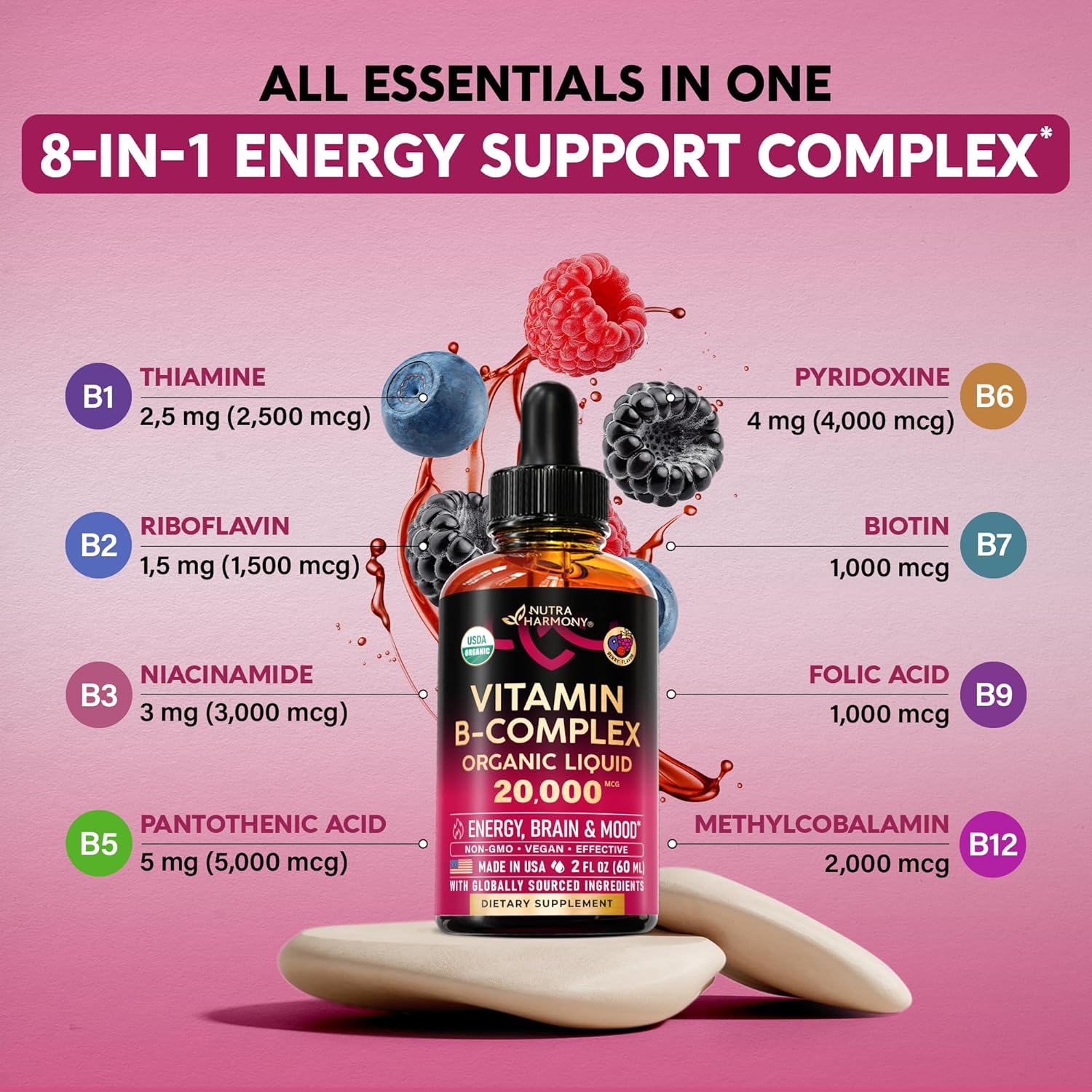 USDA Organic Vitamin B-Complex B5 Pantothenic Acid | B12 Methylcobalamin | B1 Thiamine | B6 Pyridoxine | B7 Biotin | B9 Folic | B3 Niacinamide - B Complex Liquid Drops, Made in USA Supplement, 2Fl Oz