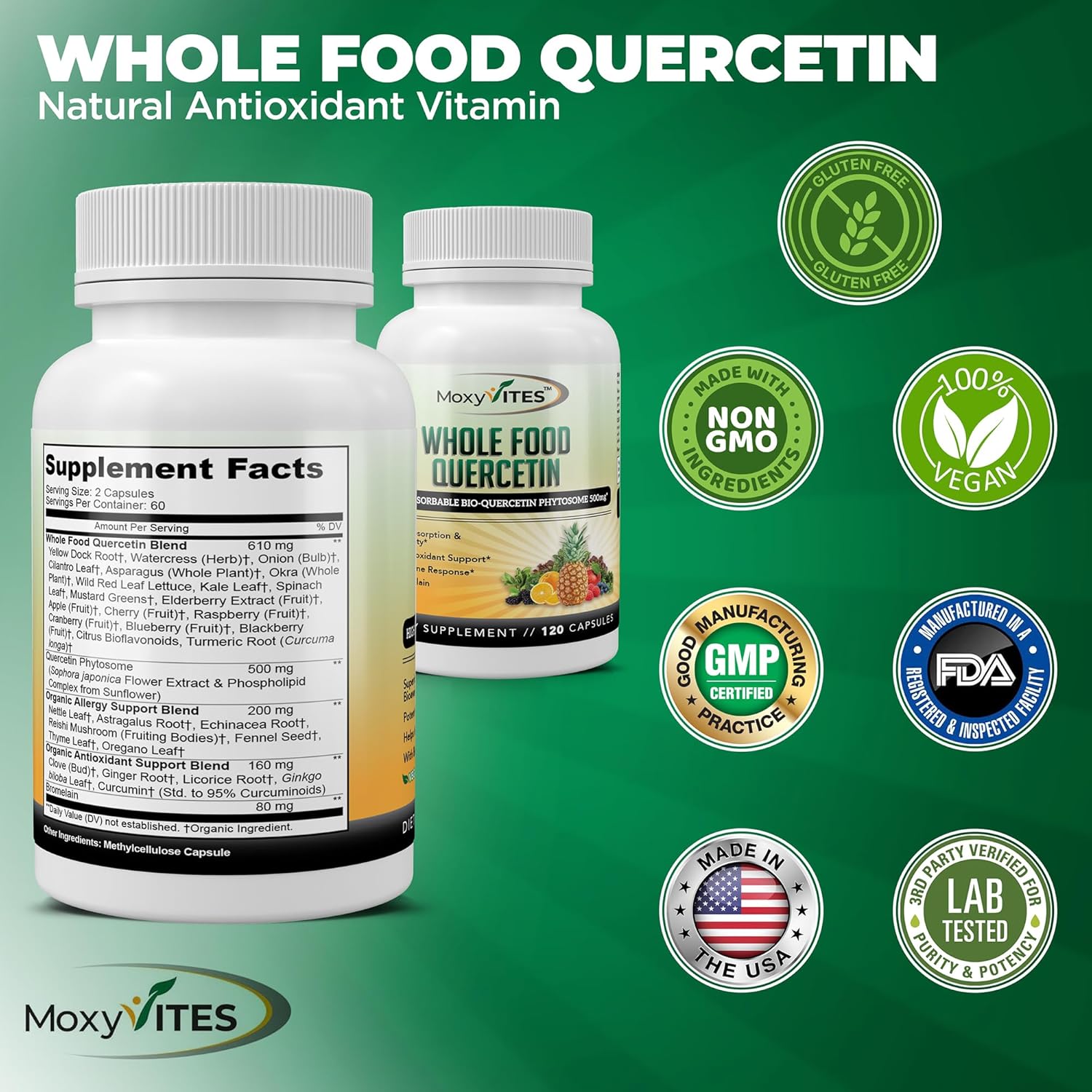Quercetin with Bromelain 500Mg Supplement - Bioactive Phytosome Complex, Pure Organic Whole Food Seasonal Support, Antioxidant, 20X Absorption & Bioavailability-120 Caps