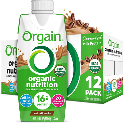 Organic Nutritional Protein Shake, Vanilla Bean - 16G Grass Fed Whey Protein, Meal Replacement, 20 Vitamins & Minerals, Fruits & Vegetables, Gluten Free, Non-Gmo, 11 Fl Oz (12 Pack)