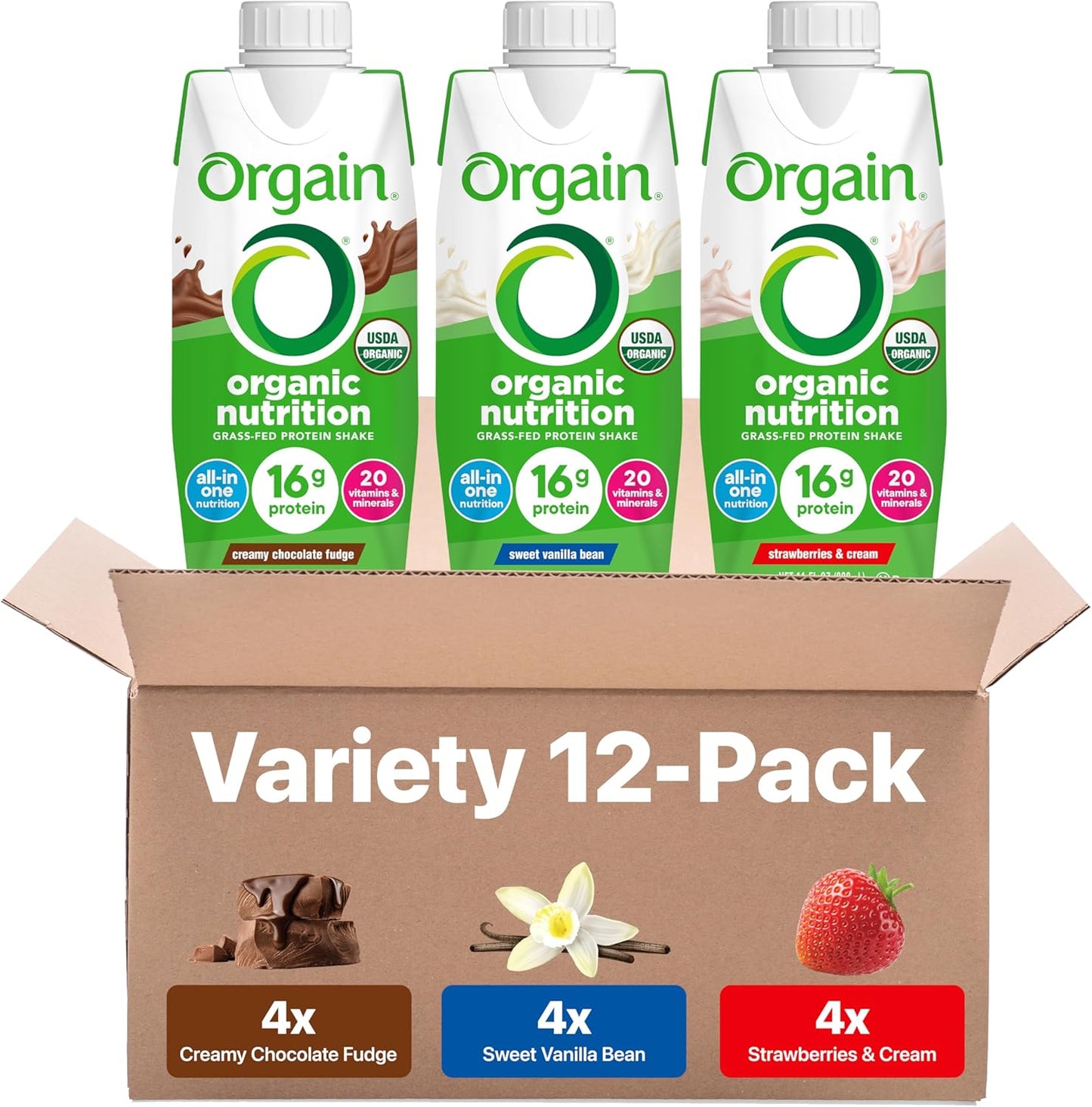 Organic Nutritional Protein Shake, Vanilla Bean - 16G Grass Fed Whey Protein, Meal Replacement, 20 Vitamins & Minerals, Fruits & Vegetables, Gluten Free, Non-Gmo, 11 Fl Oz (12 Pack)