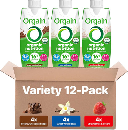 Organic Nutritional Protein Shake, Vanilla Bean - 16G Grass Fed Whey Protein, Meal Replacement, 20 Vitamins & Minerals, Fruits & Vegetables, Gluten Free, Non-Gmo, 11 Fl Oz (12 Pack)