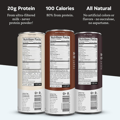 Milk - High Protein Milk Shake - Core Variety Pack - Classic Chocolate, Dark Chocolate, French Vanilla - Lactose Free, 20G Protein, 1G Sugar, 100 Calories, 1-2G Net Carbs - 11 Fl Oz, 12 Cans